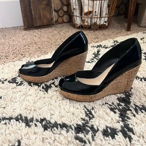 Via Spiga Black Patent Cork Wedge Peep Toe Pumps